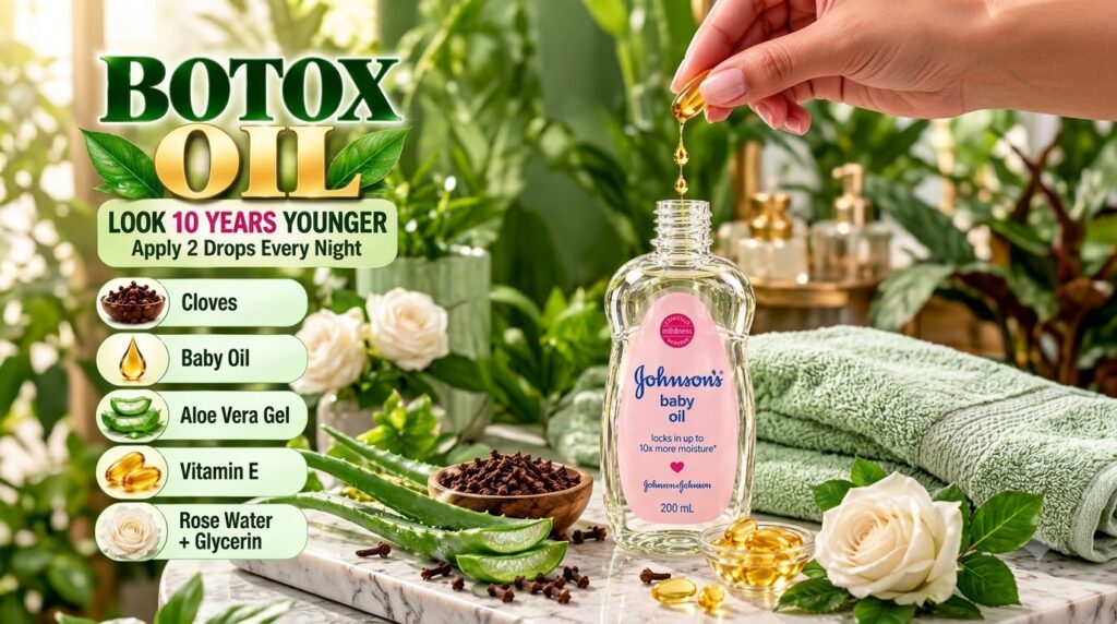 A bottle of Johnson s Baby Oil surrounded by natural ingredients like cloves aloe vera roses and vitamin E capsules with