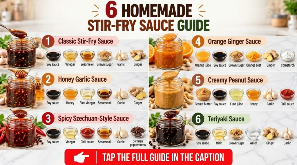 Six distinct stir-fry sauces each displayed in a glass jar with a spoon alongside small bowls containing their individua