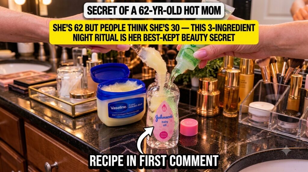 Hands mixing Vaseline baby oil and cucumber gel in a small container on a reflective surface