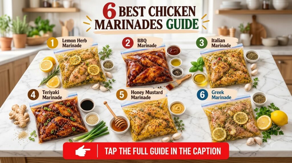 Six different chicken marinades in clear plastic bags arranged on a white marble surface with fresh ingredients like her