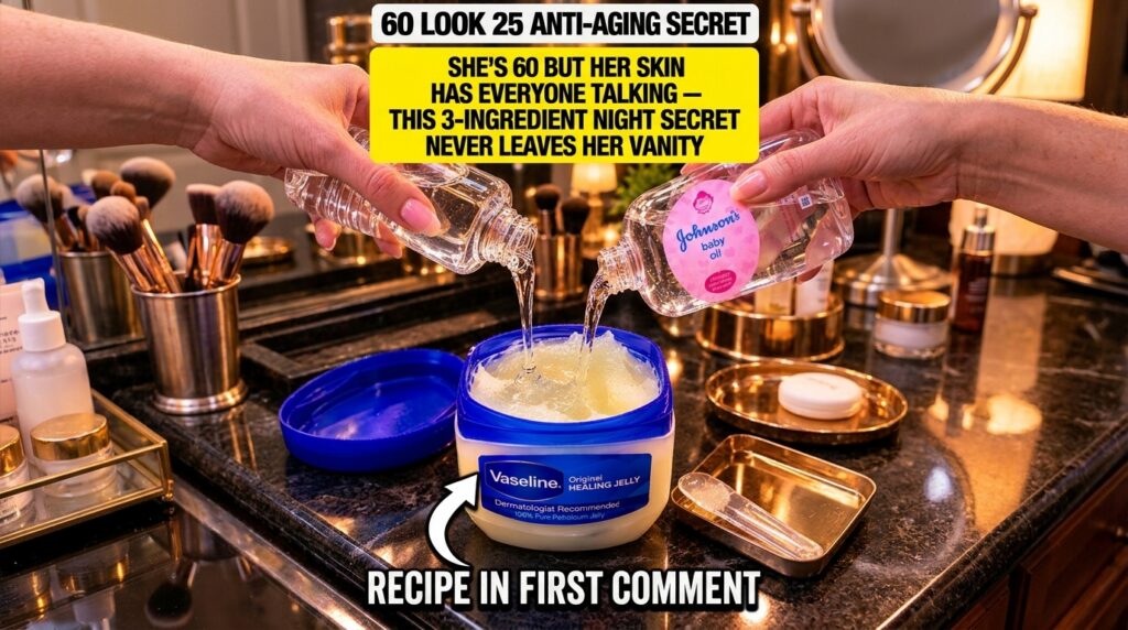Hands mixing Vaseline Johnson s Baby Oil and Vegetable Glycerin in a jar on a reflective surface