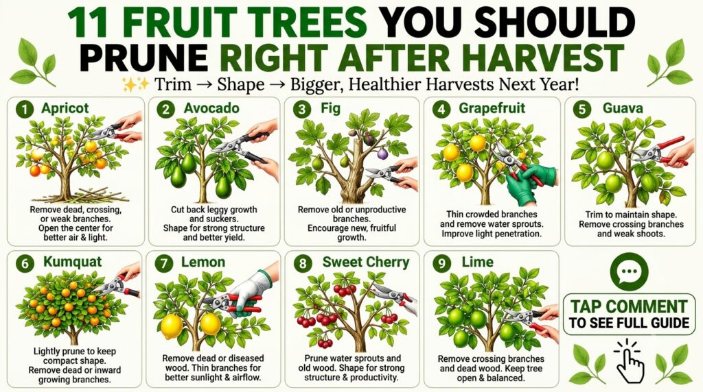 An educational infographic titled 11 FRUIT TREES YOU SHOULD PRUNE RIGHT AFTER HARVEST featuring nine distinct panels Eac