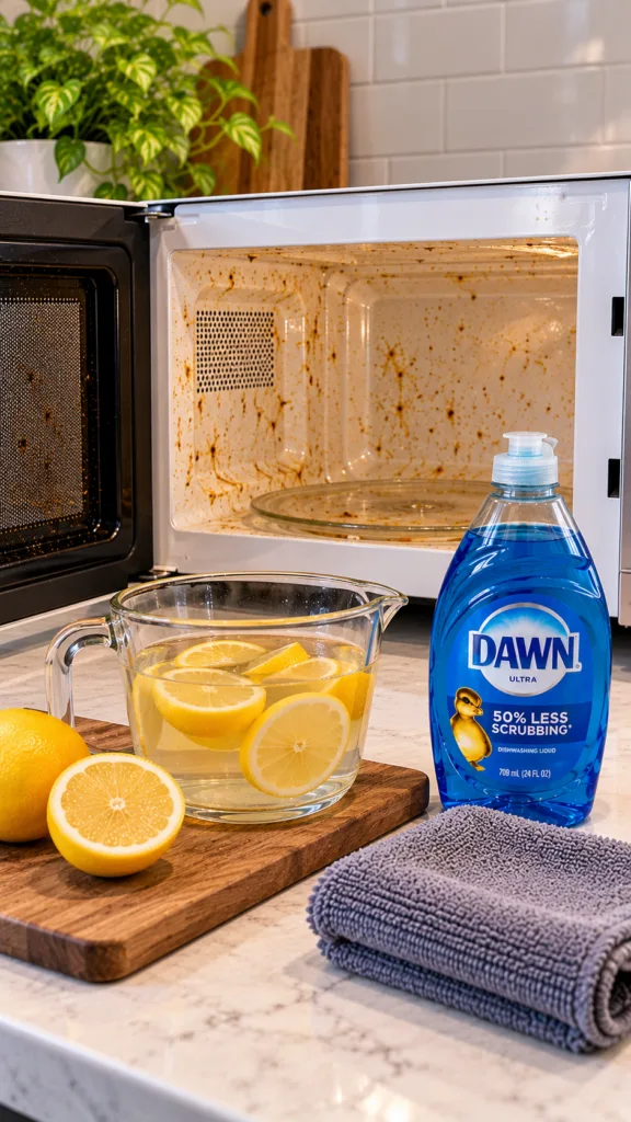 A dirty microwave interior next to a glass measuring cup with lemon slices and water a bottle of dish soap and a microfi