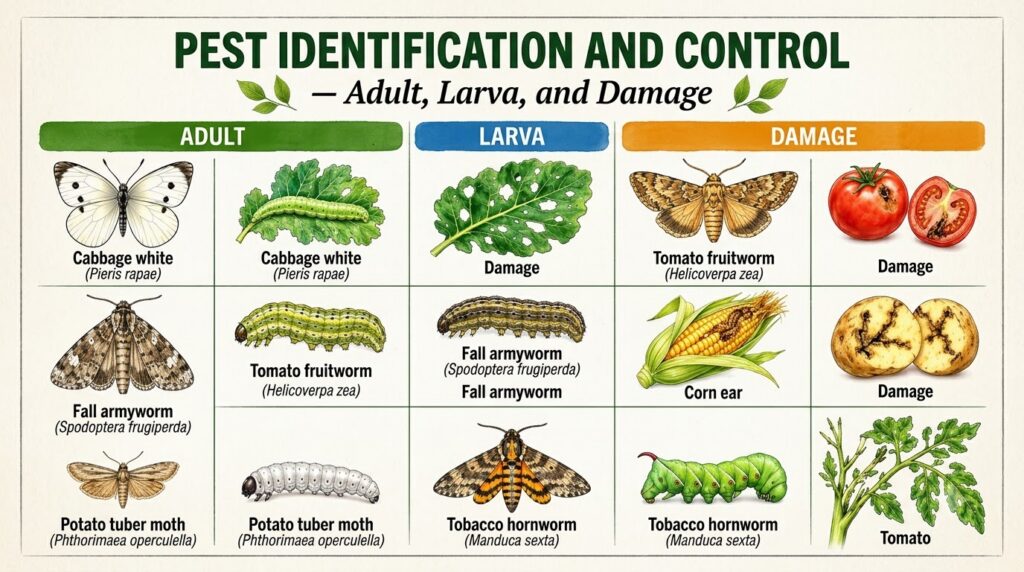 An infographic detailing five common garden pests showing their adult and larval forms and the specific damage they caus
