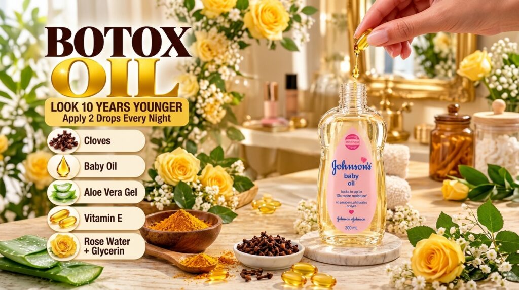 A bottle of Johnson s baby oil labeled Botox Oil on a marble surface surrounded by cloves turmeric powder aloe vera leav