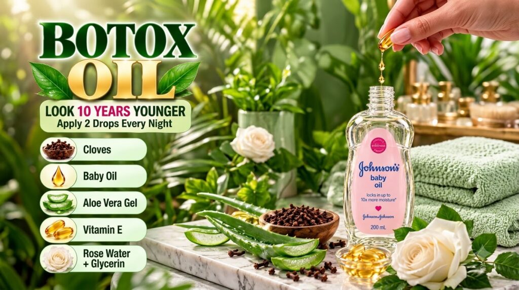 A bottle of baby oil on a marble surface surrounded by natural ingredients like aloe vera leaves vitamin E capsules and