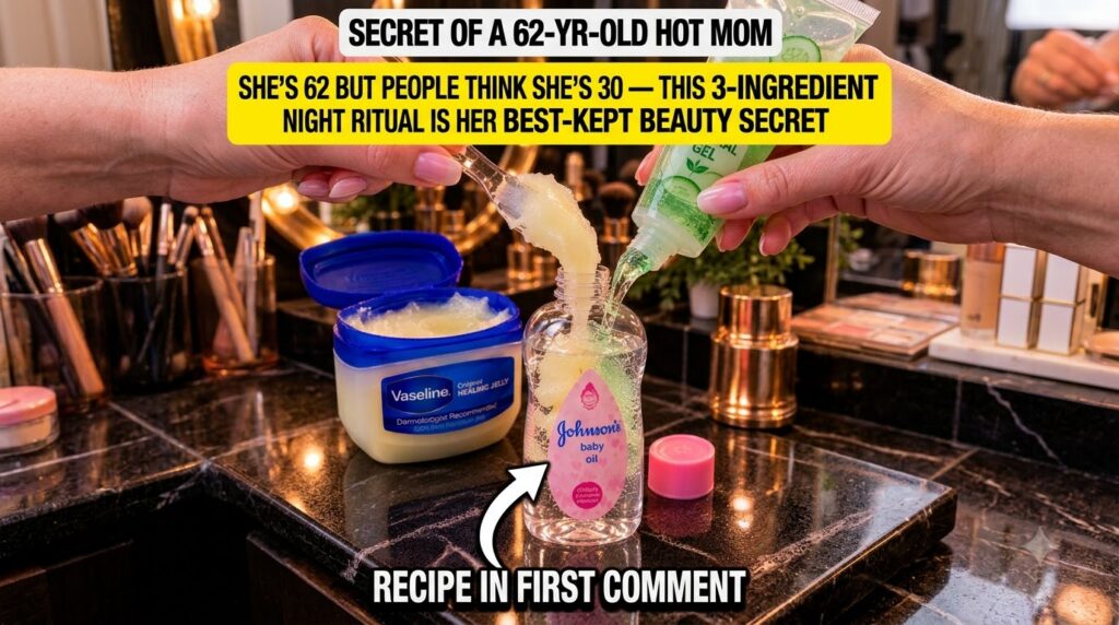 Hands mixing Vaseline baby oil and cucumber gel in a small bottle or container against a dark reflective background
