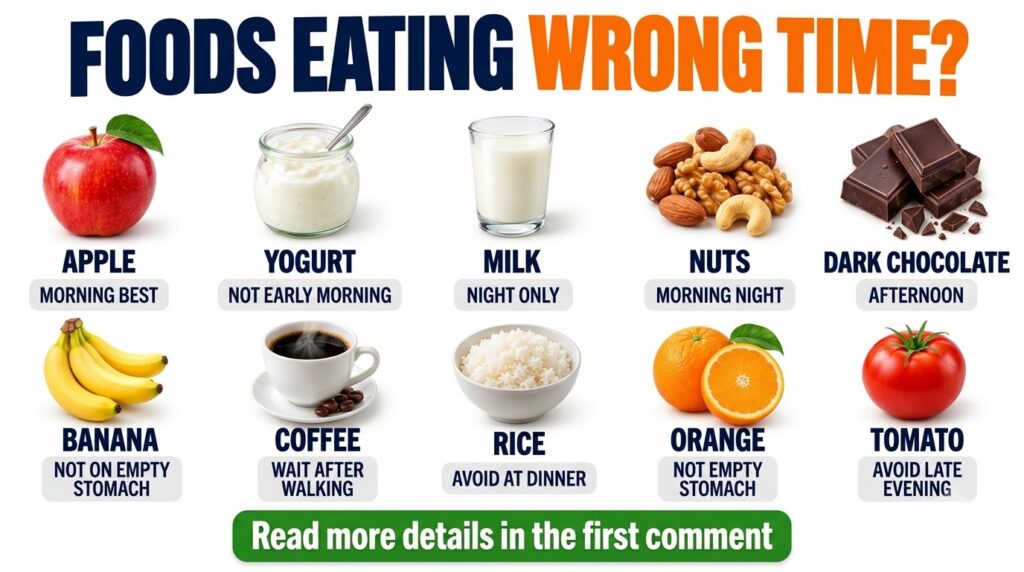 An infographic showing common food items and their optimal consumption times featuring apple banana yogurt coffee milk r