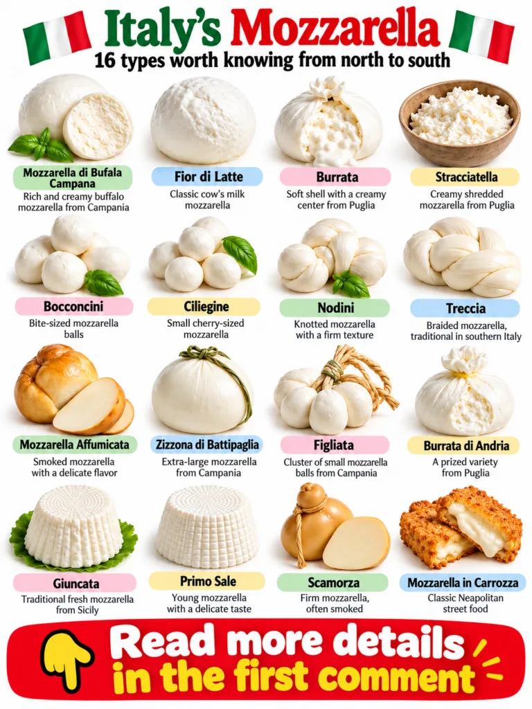 A grid-like visual guide of 16 different types of Italian mozzarella and fresh cheeses each on a white background with n