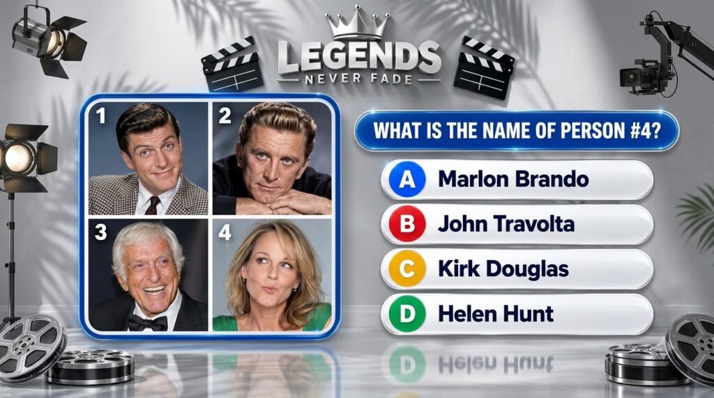 A quiz layout titled LEGENDS NEVER FADE featuring a 2x2 grid of celebrity portraits a younger Dick Van Dyke Kirk Douglas