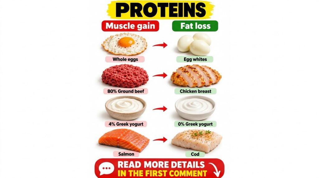 An infographic contrasting protein sources for Muscle gain versus Fat loss featuring eight food items like ground beef s