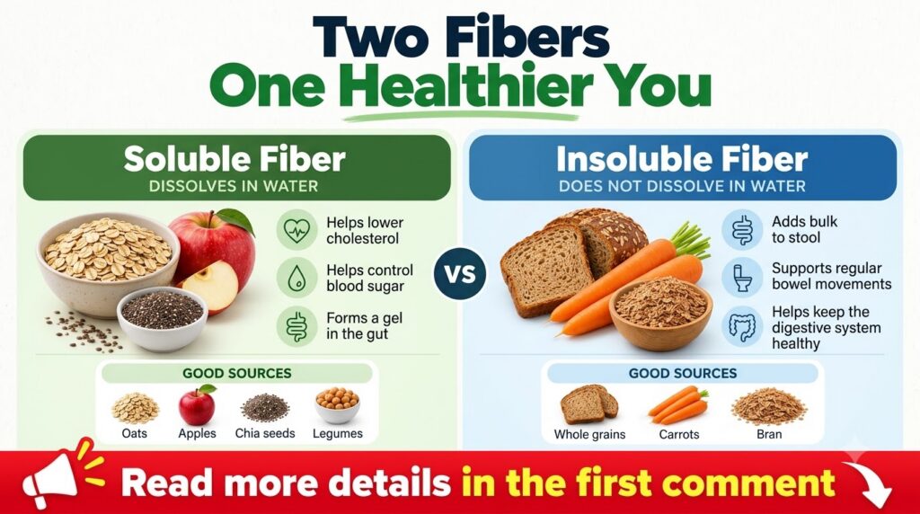 Infographic comparing soluble and insoluble fiber showing food sources for each Soluble fiber section in green with oats