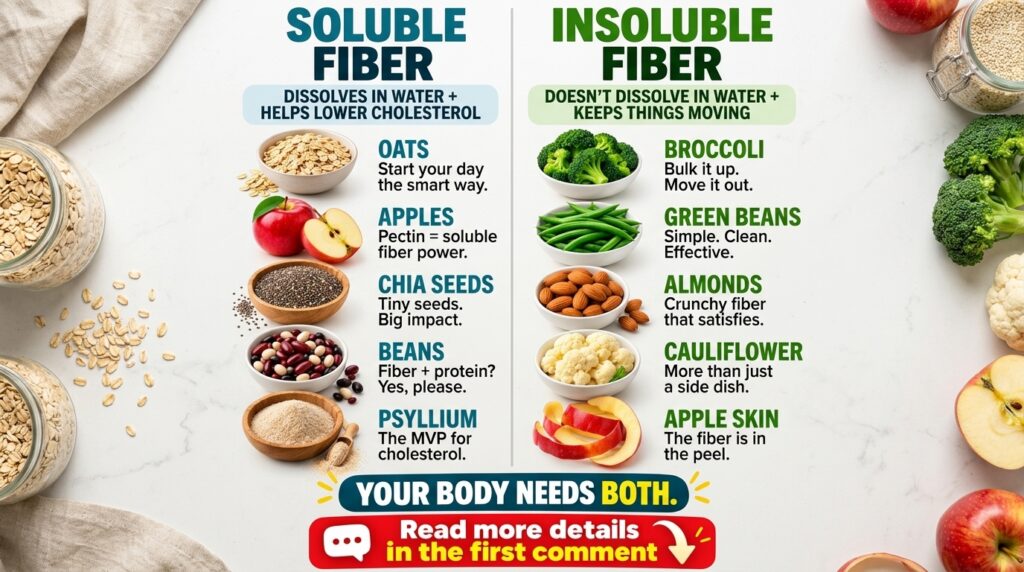 An infographic comparing Soluble Fiber and Insoluble Fiber with examples of various food items like oats apples chia see