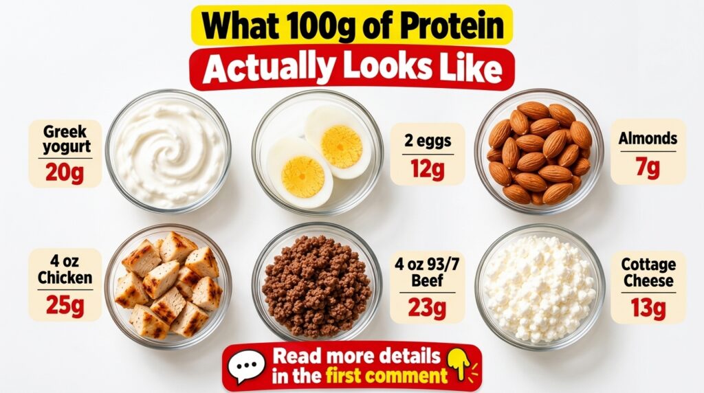 An infographic-style flat lay showing six distinct protein sources in clear glass bowls Greek yogurt hard-boiled eggs al