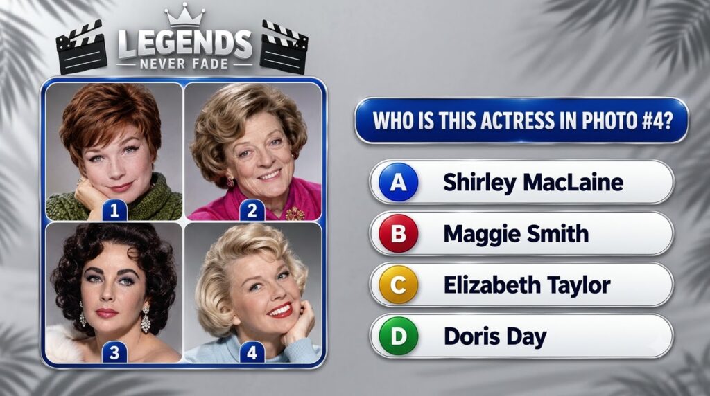 A trivia game screen with the title LEGENDS NEVER FADE featuring four portrait photos of classic actresses Shirley MacLa
