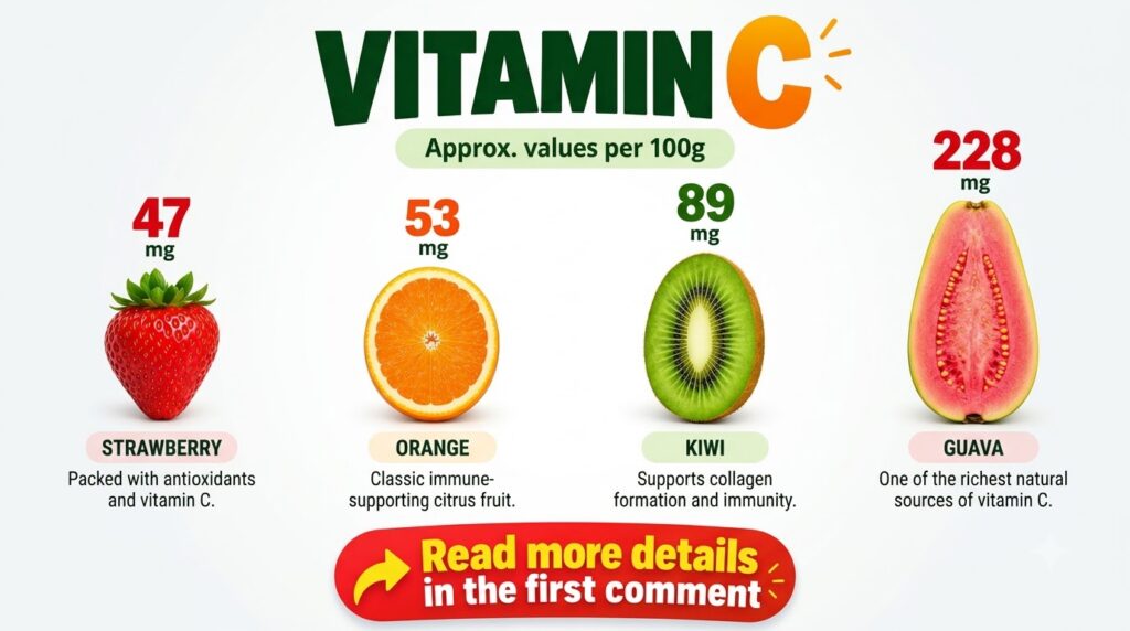 An infographic comparing the Vitamin C content of guava kiwi strawberry and orange showing each fruit cut in half with i