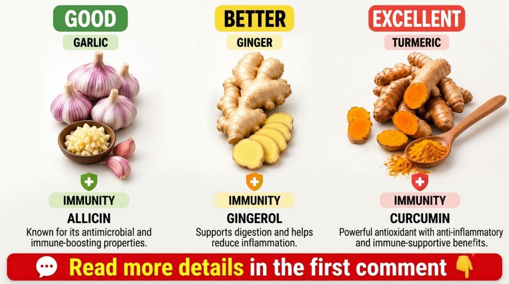 An infographic comparing garlic ginger and turmeric for immunity with close-ups of each ingredient and Good Better Excel