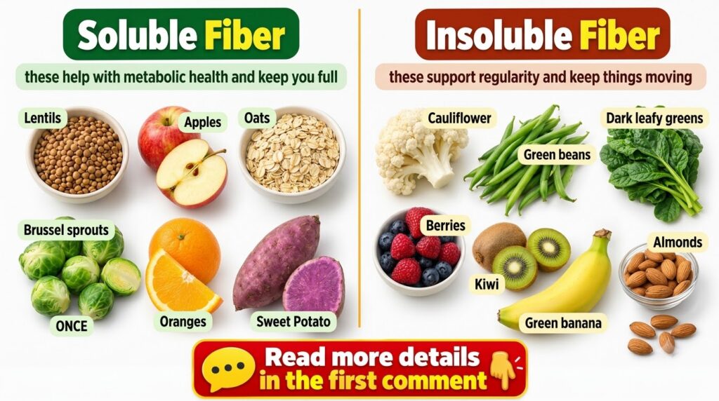 An infographic showing food items categorized into Soluble Fiber lentils apples oats oranges brussel sprouts sweet potat