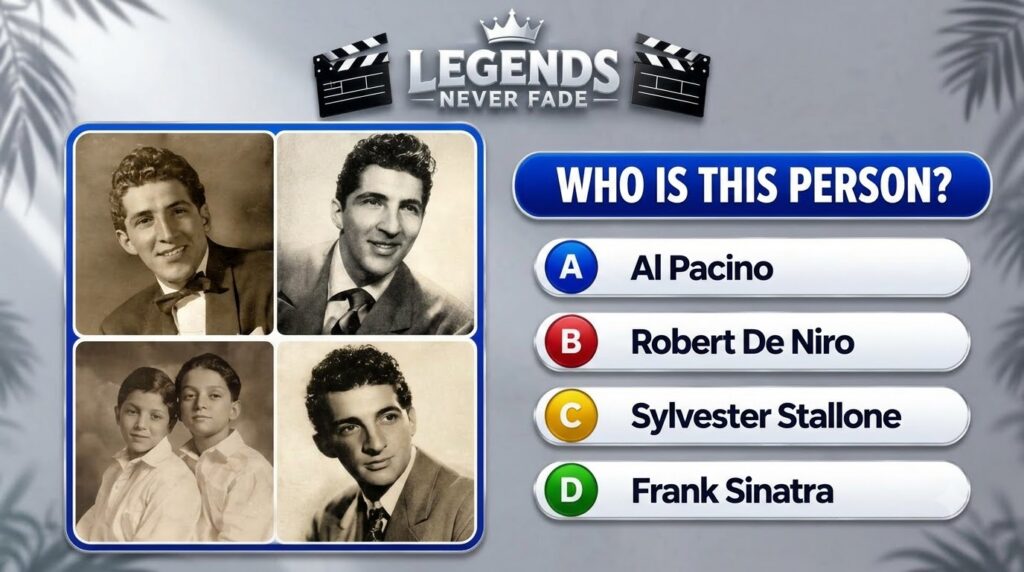 A 2x2 grid of four black and white portraits of Al Pacino at different stages of his youth mimicking a quiz interface
