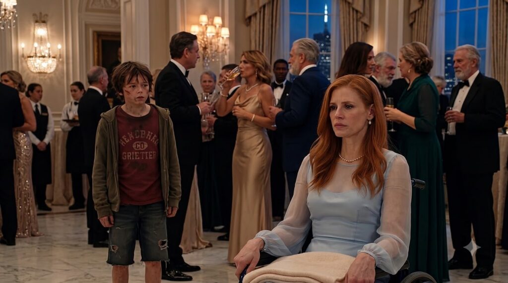 A red-haired woman in a light blue dress seated in a wheelchair with a blanket looks pensive A young boy with a serious 