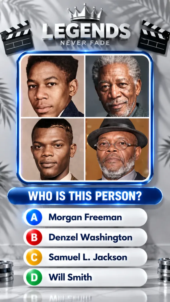 A vibrant digital movie trivia game interface with LEGENDS NEVER FADE at the top A central glowing blue frame showcases 