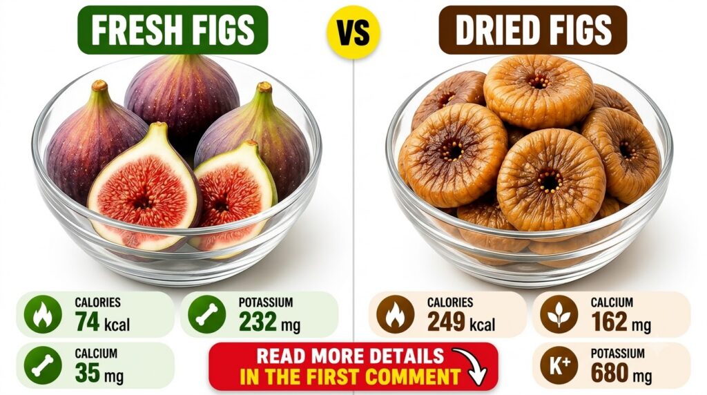 Infographic comparing fresh figs on the left with dried figs on the right showing nutritional breakdowns for each