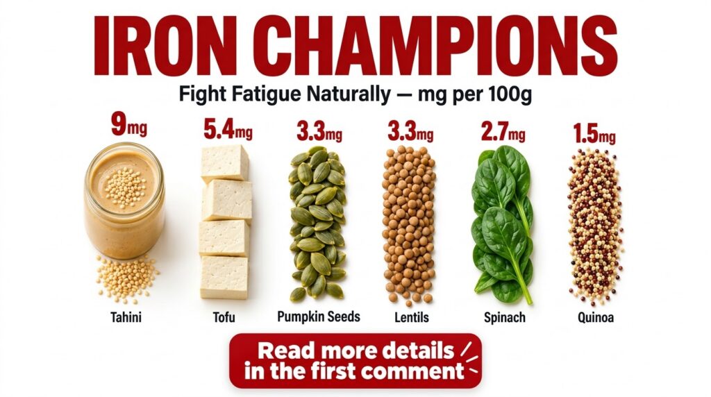 An infographic titled IRON CHAMPIONS featuring Tahini Tofu Pumpkin Seeds Lentils Spinach and Quinoa each with their iron