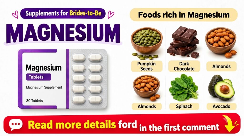 An infographic showing magnesium-rich foods like pumpkin seeds dark chocolate almonds spinach and avocado alongside a bo