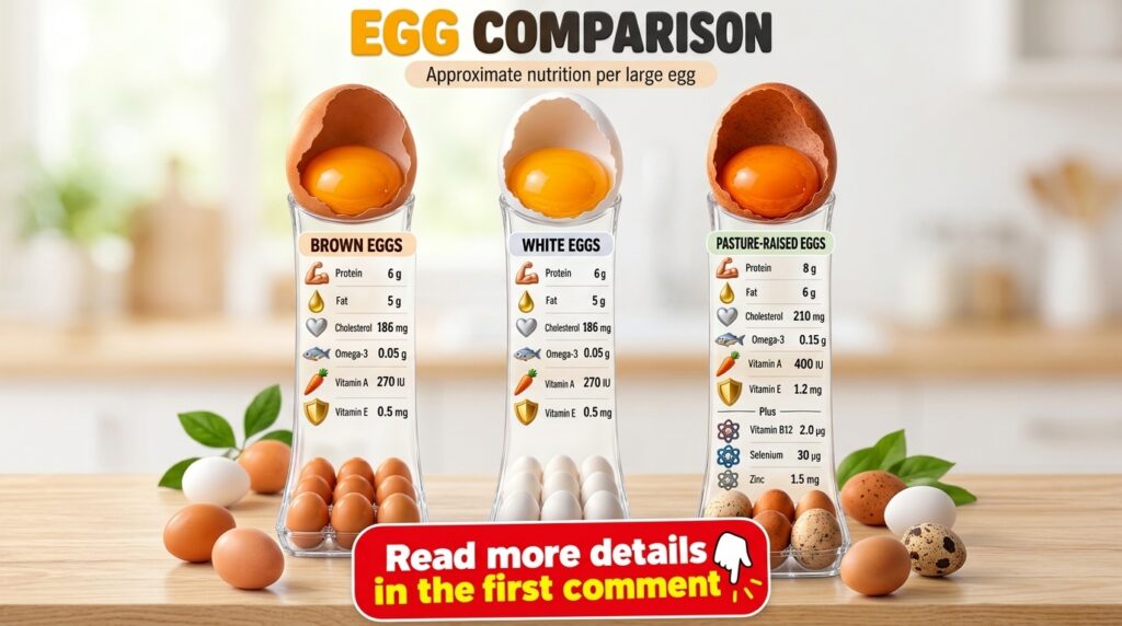 An infographic comparing the approximate nutrition of brown white and pasture-raised eggs featuring cracked eggs with yo