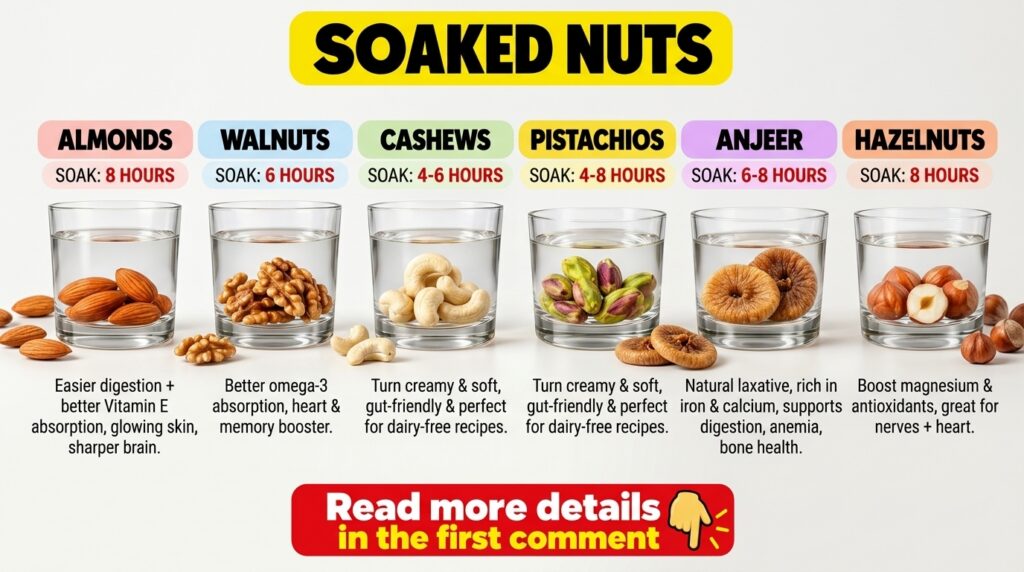 An infographic titled SOAKED NUTS displaying six glasses of water each with a different soaked nut almonds walnuts cashe