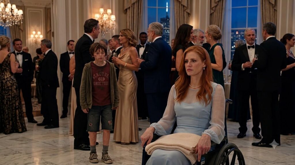 A woman in a light blue dress seated in a wheelchair holding a folded blanket with a contemplative expression To her lef