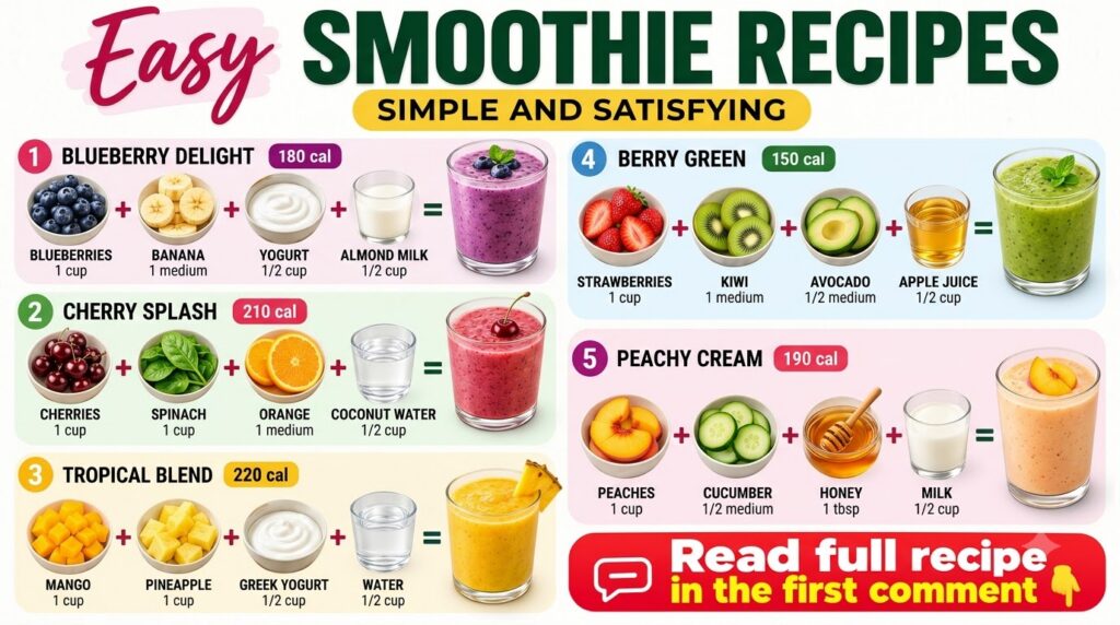A vibrant infographic displaying five distinct smoothie recipes with their ingredients calorie count and the final blend