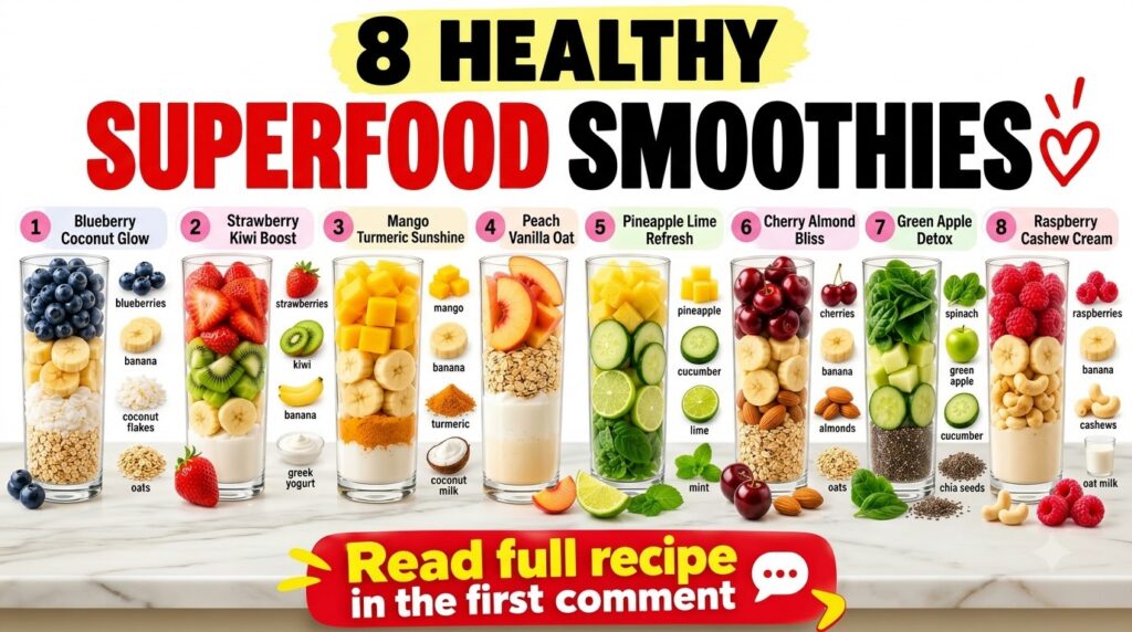A vibrant infographic showcasing eight distinct superfood smoothie recipes each with ingredients beautifully layered in 