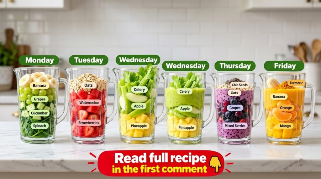 Six clear glass pitchers arranged in two rows showcasing distinct layered ingredients for daily smoothies labeled Monday