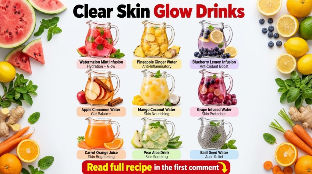 A grid of nine vibrant Clear Skin Glow Drinks each in a glass pitcher with fresh ingredients like watermelon pineapple b