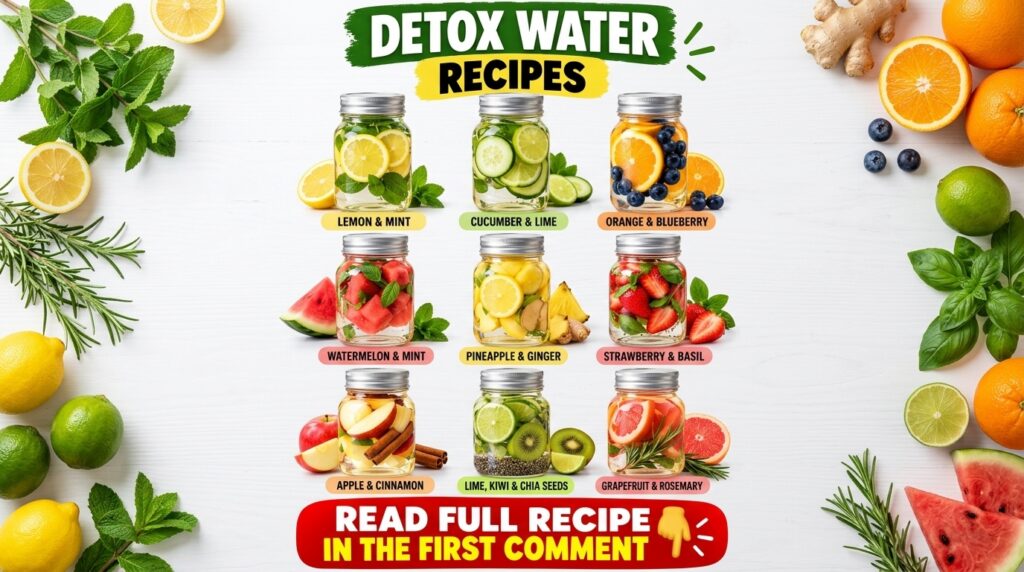 A grid of nine glass mason jars each with a different fruit and herb-infused detox water recipe against a white backgrou