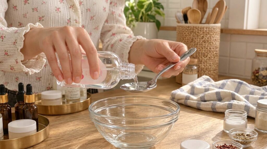 Hands pouring clear rosemary infused oil from a transparent bottle into a spoon over an empty glass bowl on a wooden sur