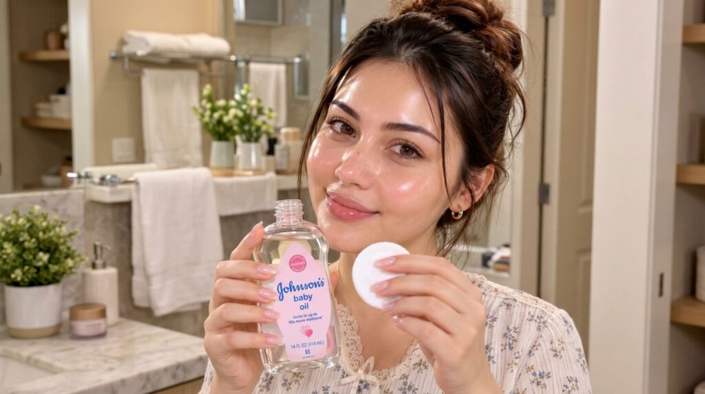 A smiling young woman holding a bottle of Johnson s baby oil and a cotton pad with naturally glowing and moisturized ski