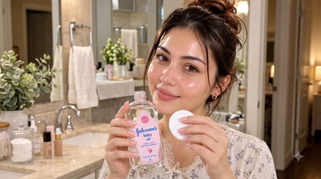 A smiling woman with clear radiant skin holding a bottle of Johnson s Baby Oil and a cotton pad in a bright bathroom set