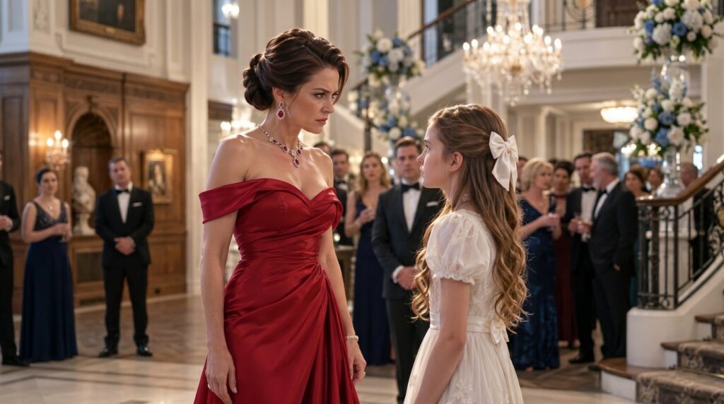 Two women in an opulent ballroom one stern in a red gown the other somber in a white lace dress