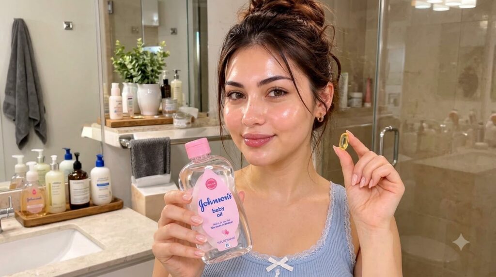 A young woman with radiant dewy skin gently smiling and holding a bottle of baby oil and a golden nourishing capsule The