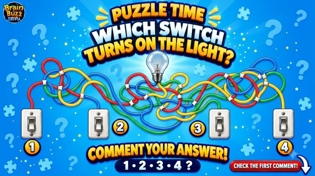 A cartoonish puzzle showing a light bulb connected to four switches 1 2 3 4 via various colored wires with text asking W