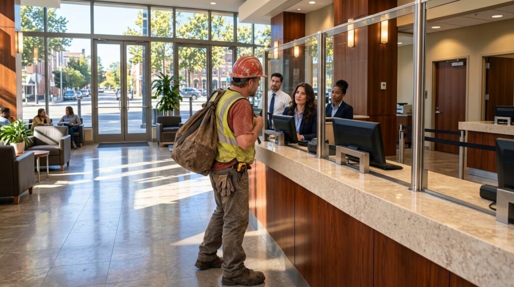 A construction worker dressed in worn work clothes and a hard hat interacting with a female bank teller across a service