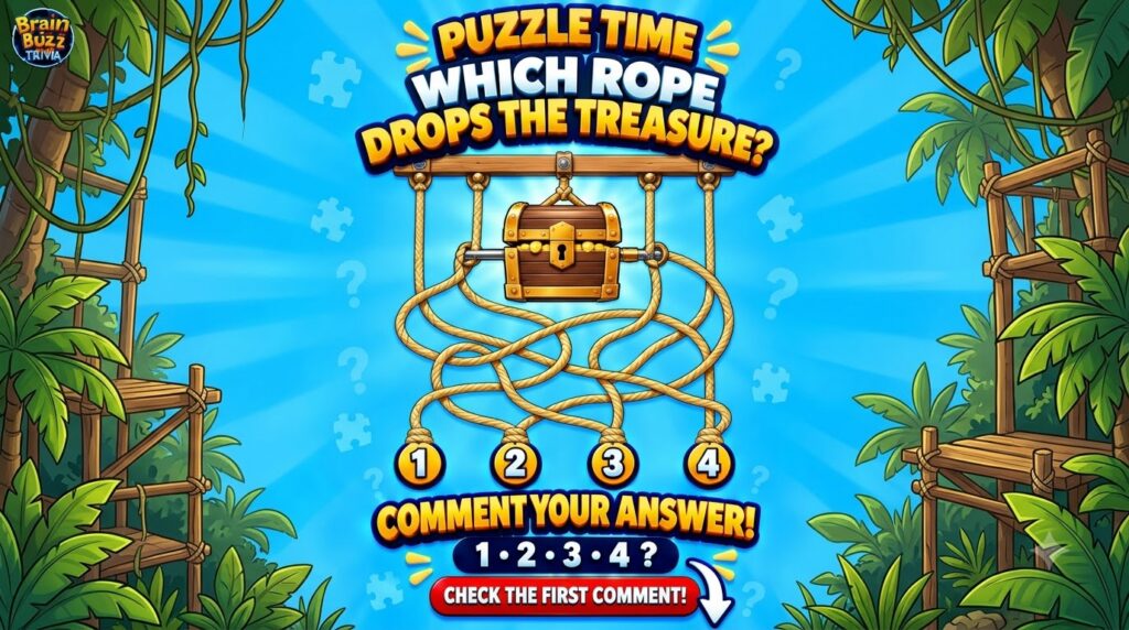 A cartoon-style brain teaser puzzle featuring a treasure chest suspended by a rope with four numbered ropes below