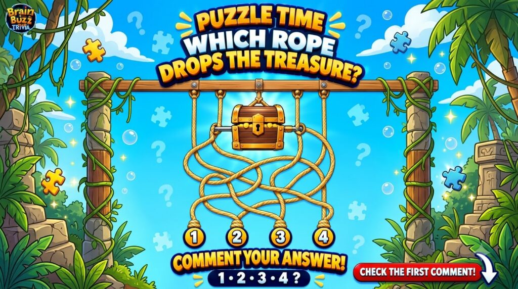 A vibrant cartoonish puzzle featuring a treasure chest suspended by a complex arrangement of ropes Four numbered rings a