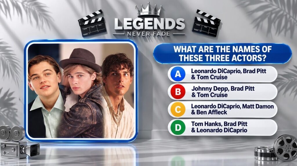 A framed collage of three young iconic actors Leonardo DiCaprio Brad Pitt and Tom Cruise with LEGENDS NEVER FADE text ab