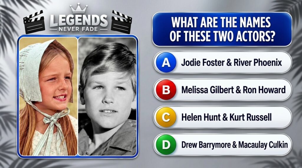 A split-screen quiz image showing blurred childhood photos of two legendary 1970s child stars with a Legends Never Fade 