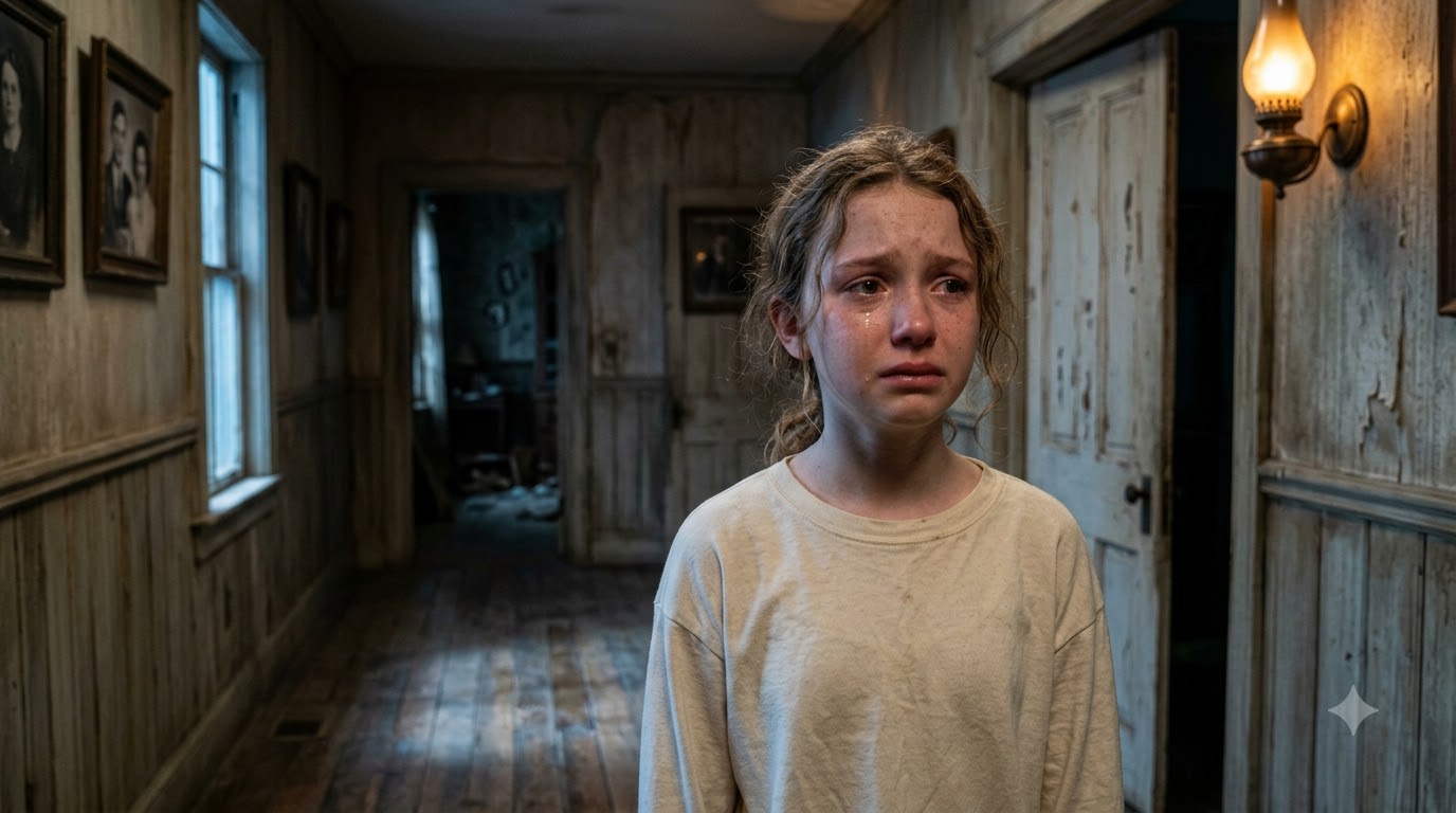 A young girl crying intensely in a dimly lit hallway