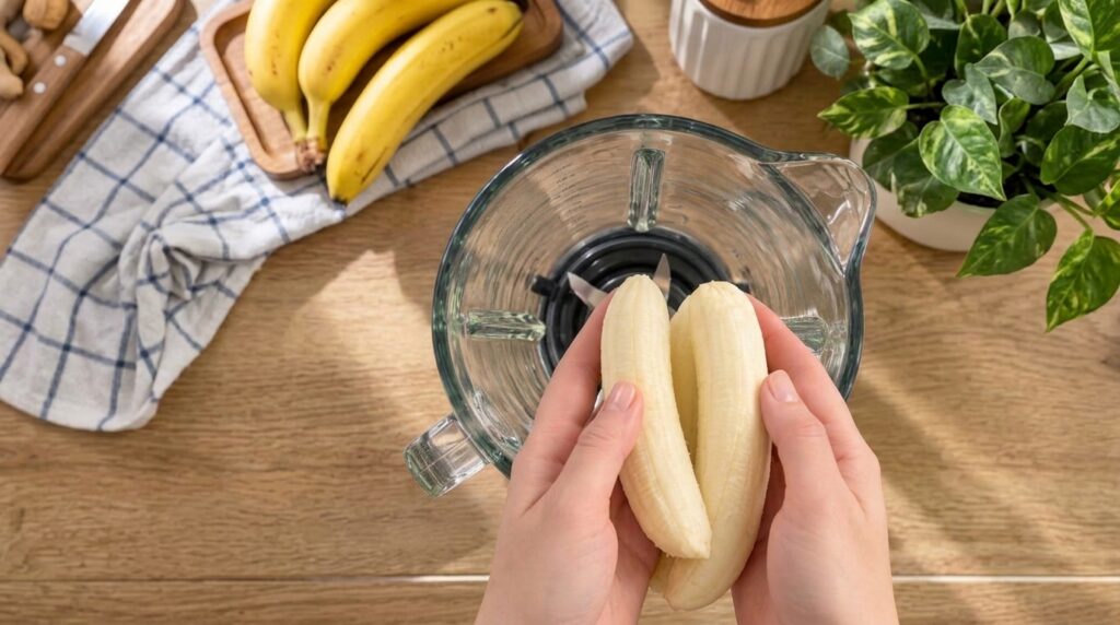 Hands holding two peeled bananas directly above a clear glass blender in a kitchen setting with more bananas in the back