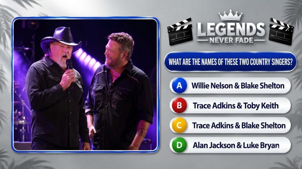 Two country singers Trace Adkins and Blake Shelton on a stage bathed in purple lights Trace Adkins is on the left wearin